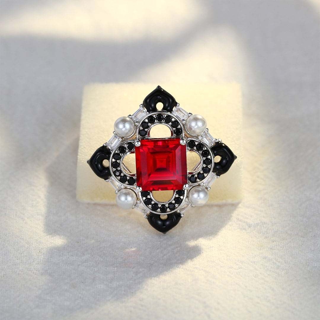 Vintage Lab Ruby Octagon Shape Brooch Pearl 14K Solid Gold Brooch Unique Multi Halo Pendant