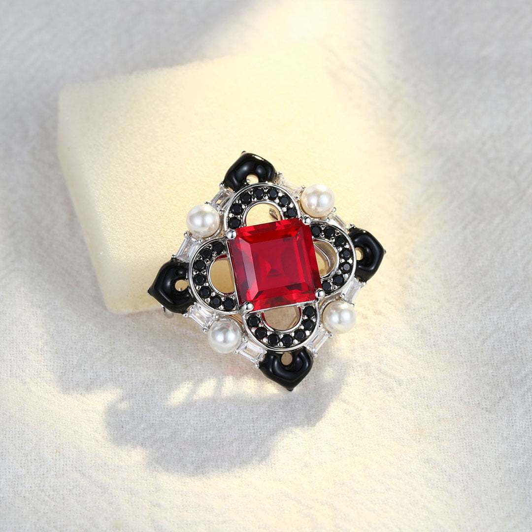 Vintage Lab Ruby Octagon Shape Brooch Pearl 14K Solid Gold Brooch Unique Multi Halo Pendant