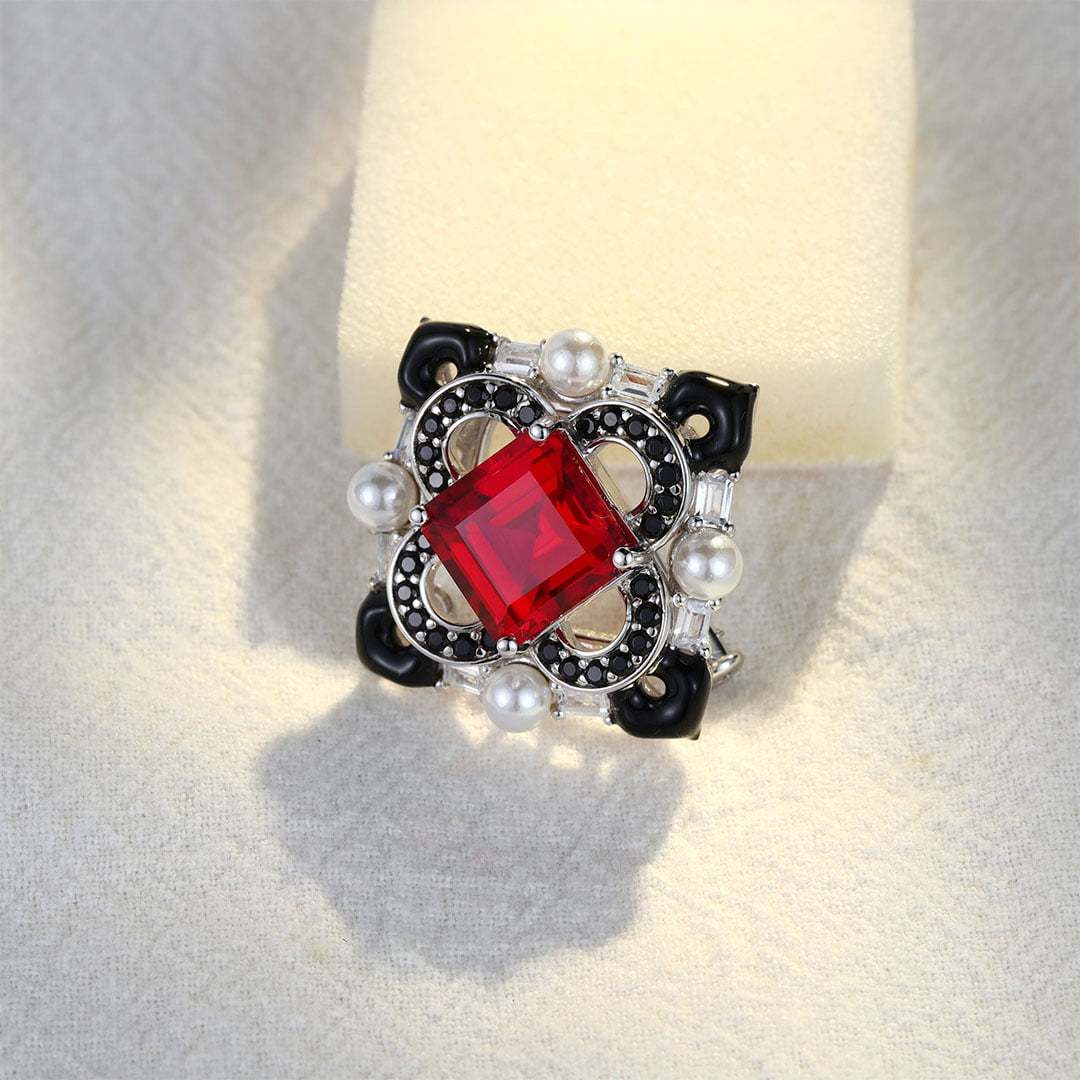 Vintage Lab Ruby Octagon Shape Brooch Pearl 14K Solid Gold Brooch Unique Multi Halo Pendant