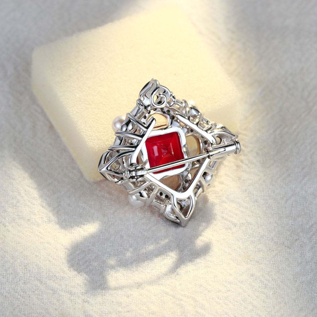 Vintage Lab Ruby Octagon Shape Brooch Pearl 14K Solid Gold Brooch Unique Multi Halo Pendant