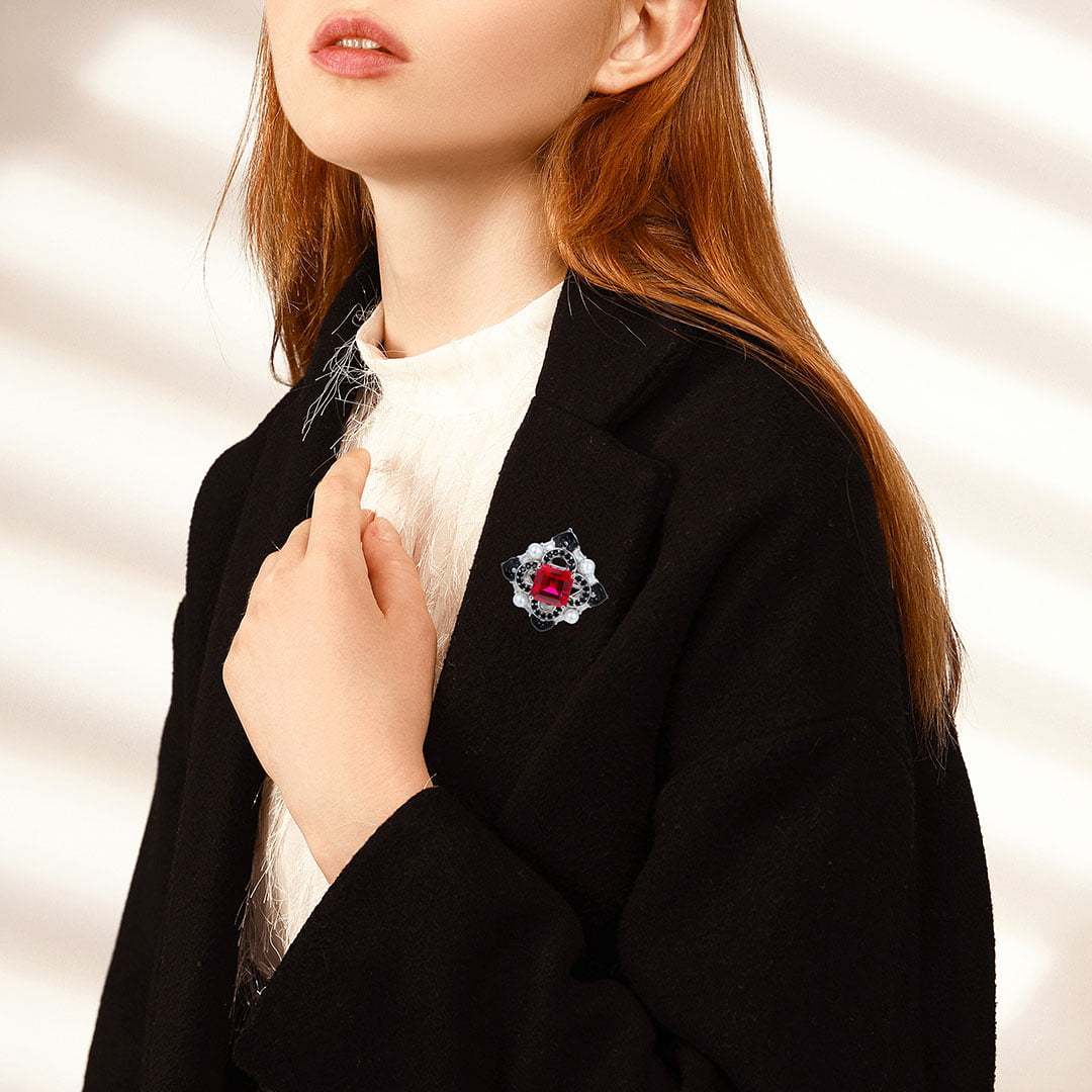 Vintage Lab Ruby Octagon Shape Brooch Pearl 14K Solid Gold Brooch Unique Multi Halo Pendant