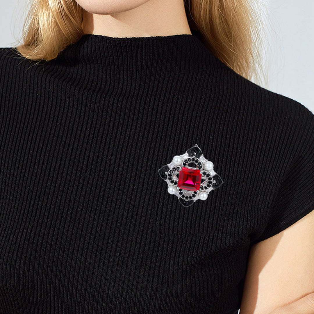 Vintage Lab Ruby Octagon Shape Brooch Pearl 14K Solid Gold Brooch Unique Multi Halo Pendant