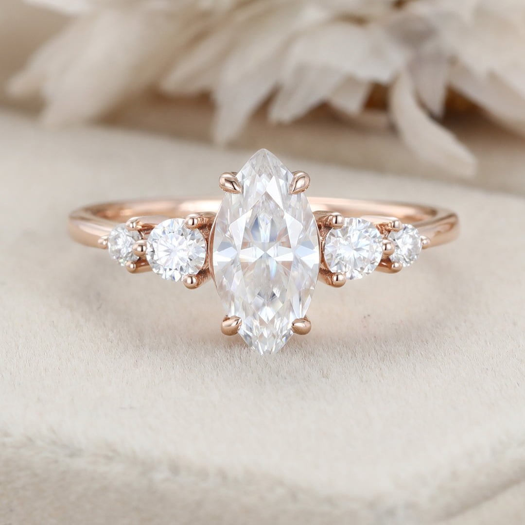 Vintage Marquise Moissanite Engagement Ring Unique Rose gold cluster engagement Ring round moissanite ring Promise Bridal Anniversary gift