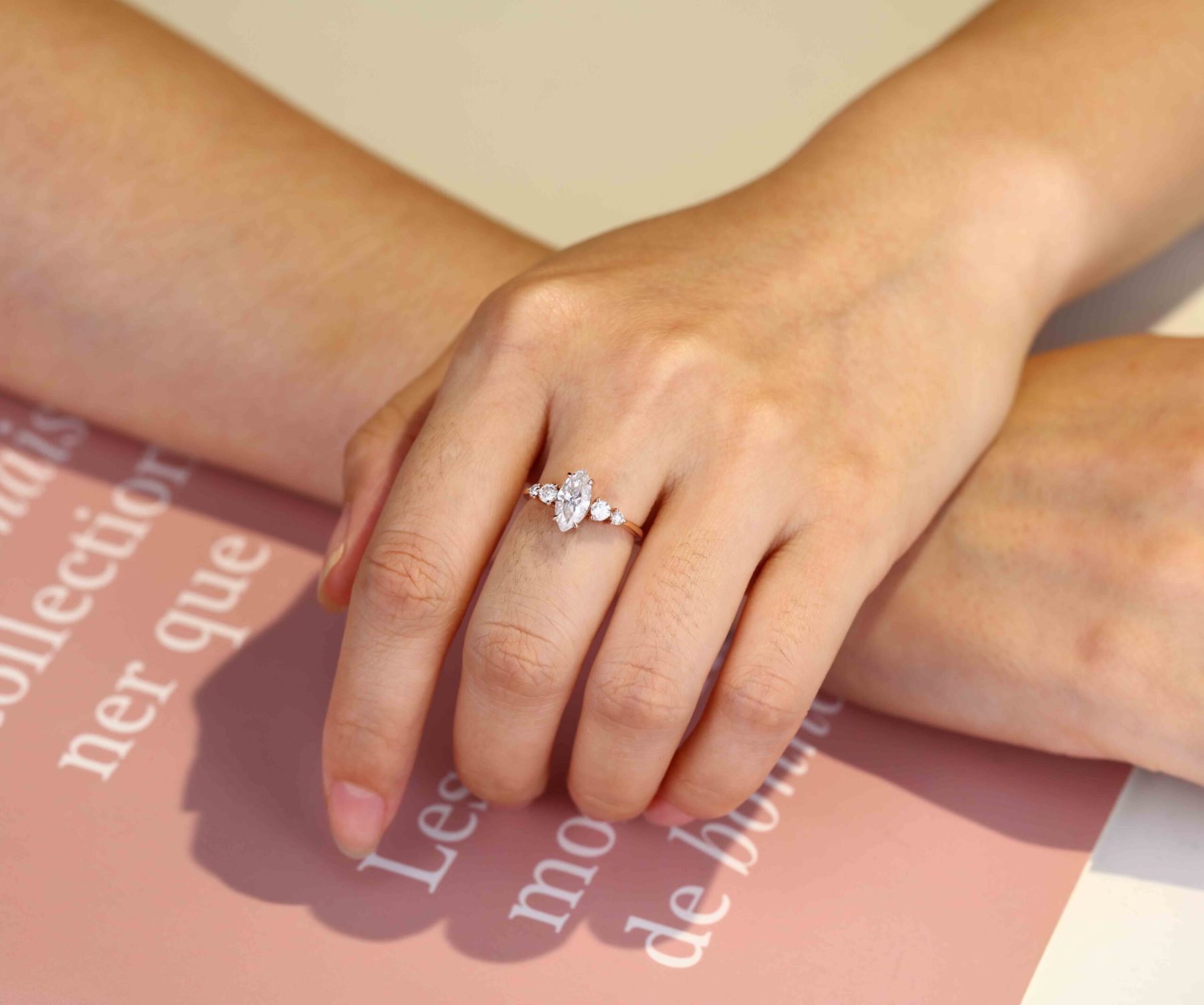Vintage Marquise Moissanite Engagement Ring Unique Rose gold cluster engagement Ring round moissanite ring Promise Bridal Anniversary gift