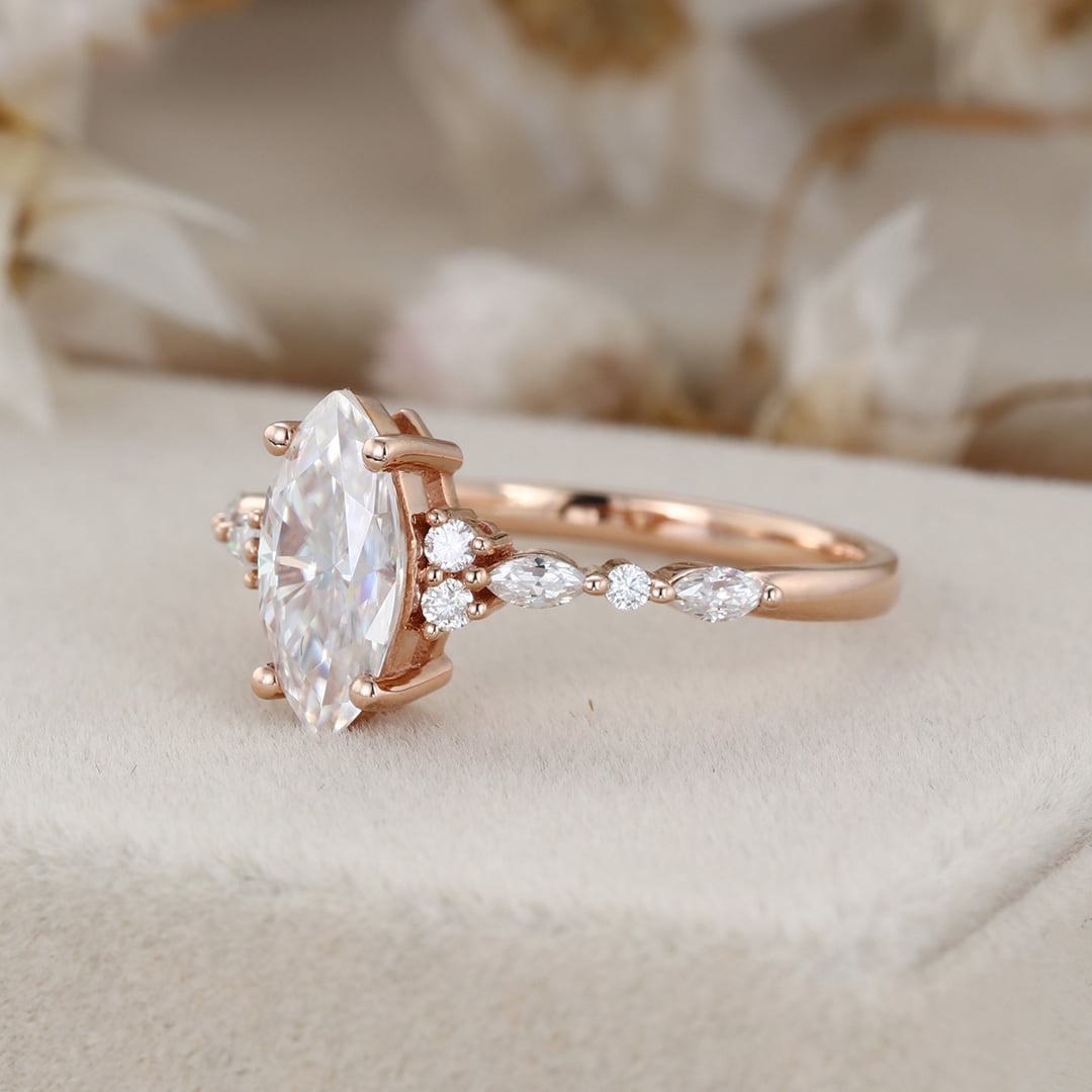 1 Carat Marquise Cut Moissanite Cluster Engagement Ring In 14K Rose Gold