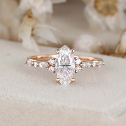 1 Carat Marquise Cut Moissanite Cluster Engagement Ring In 14K Rose Gold