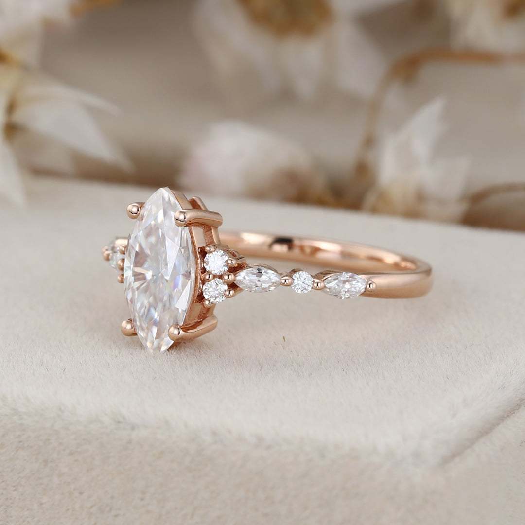 1 Carat Marquise Cut Moissanite Cluster Engagement Ring In 14K Rose Gold