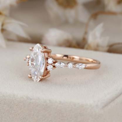 1 Carat Marquise Cut Moissanite Cluster Engagement Ring In 14K Rose Gold