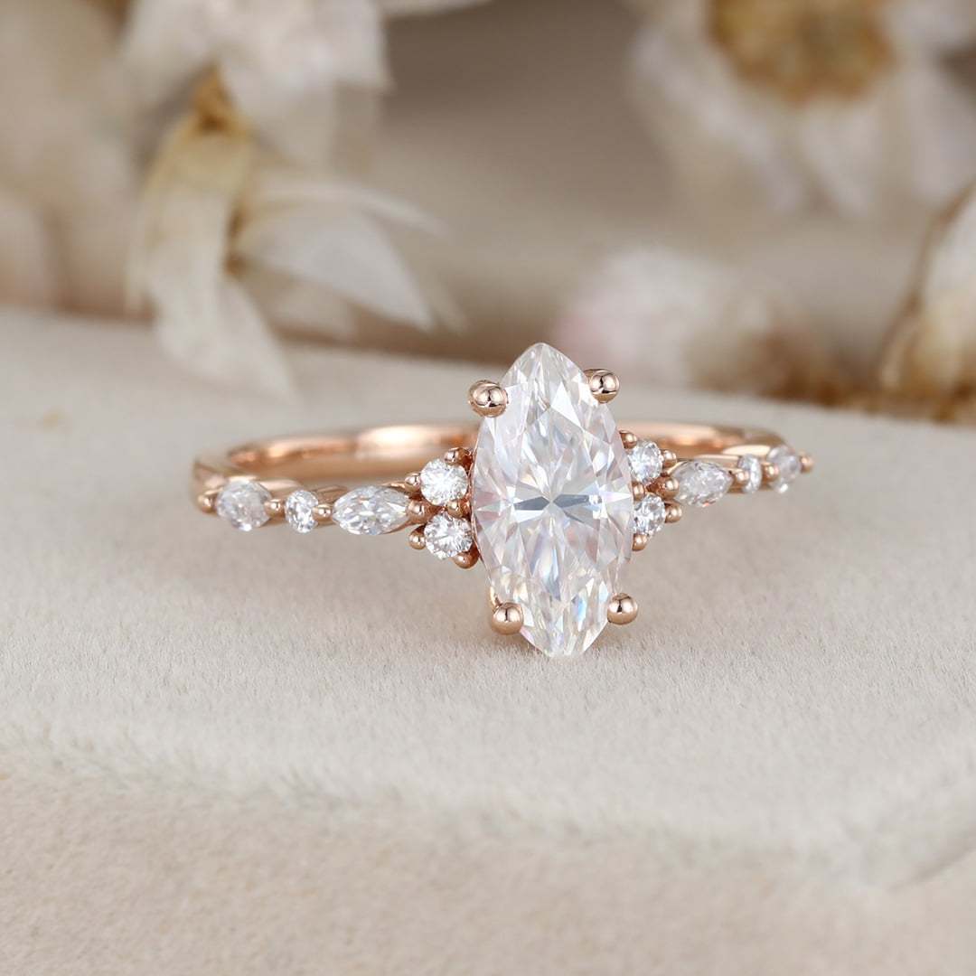 1 Carat Marquise Cut Moissanite Cluster Engagement Ring In 14K Rose Gold