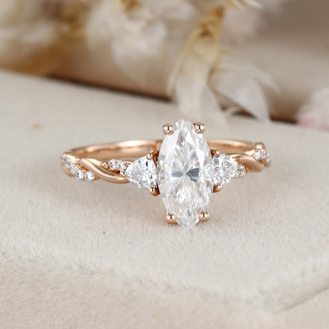 1 Carat Marquise Cut Moissanite Cluster Twist Engagement Ring In 14k Rose Gold