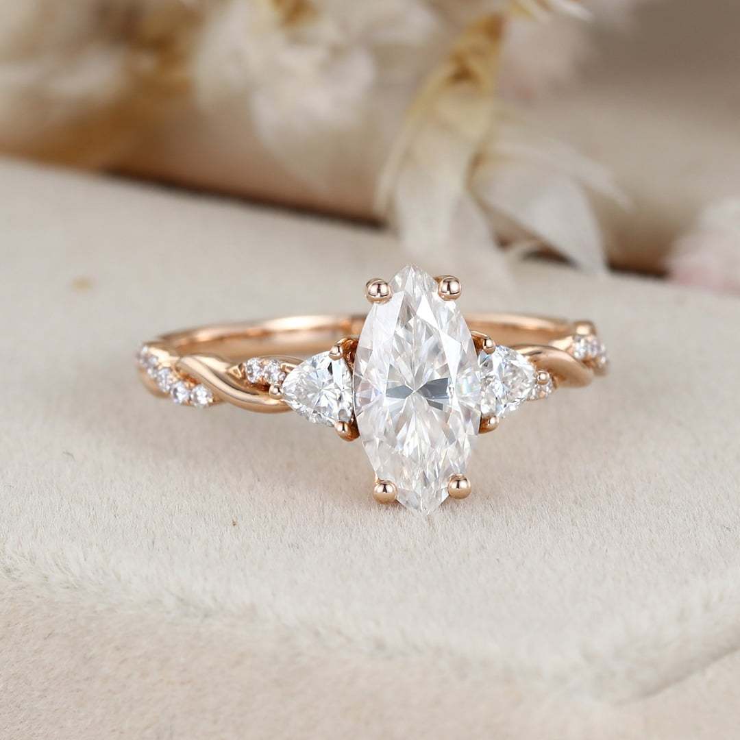1 Carat Marquise Cut Moissanite Cluster Twist Engagement Ring In 14k Rose Gold