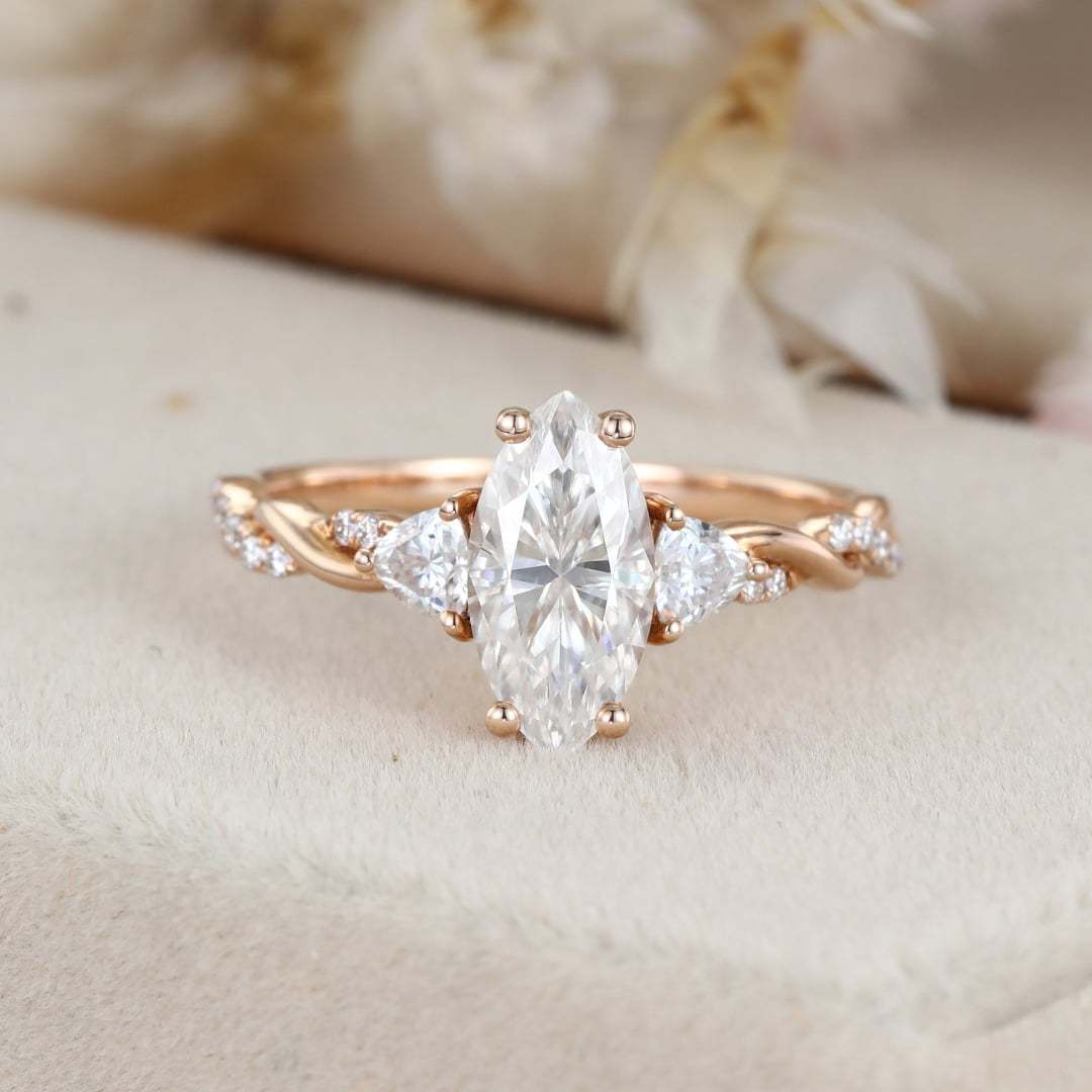 1 Carat Marquise Cut Moissanite Cluster Twist Engagement Ring In 14k Rose Gold