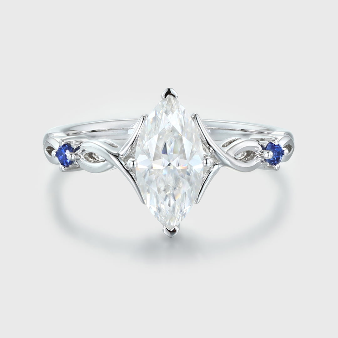 Vintage Marquise moissanite engagement ring art deco Sapphire engagement ring unique White gold engagement ring Bridal Promise Anniversary