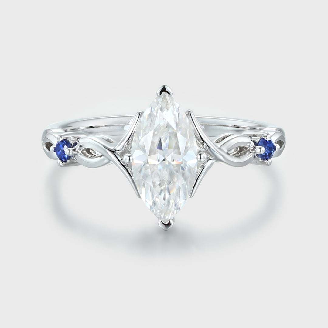 Vintage Marquise moissanite engagement ring art deco Sapphire engagement ring unique White gold engagement ring Bridal Promise Anniversary
