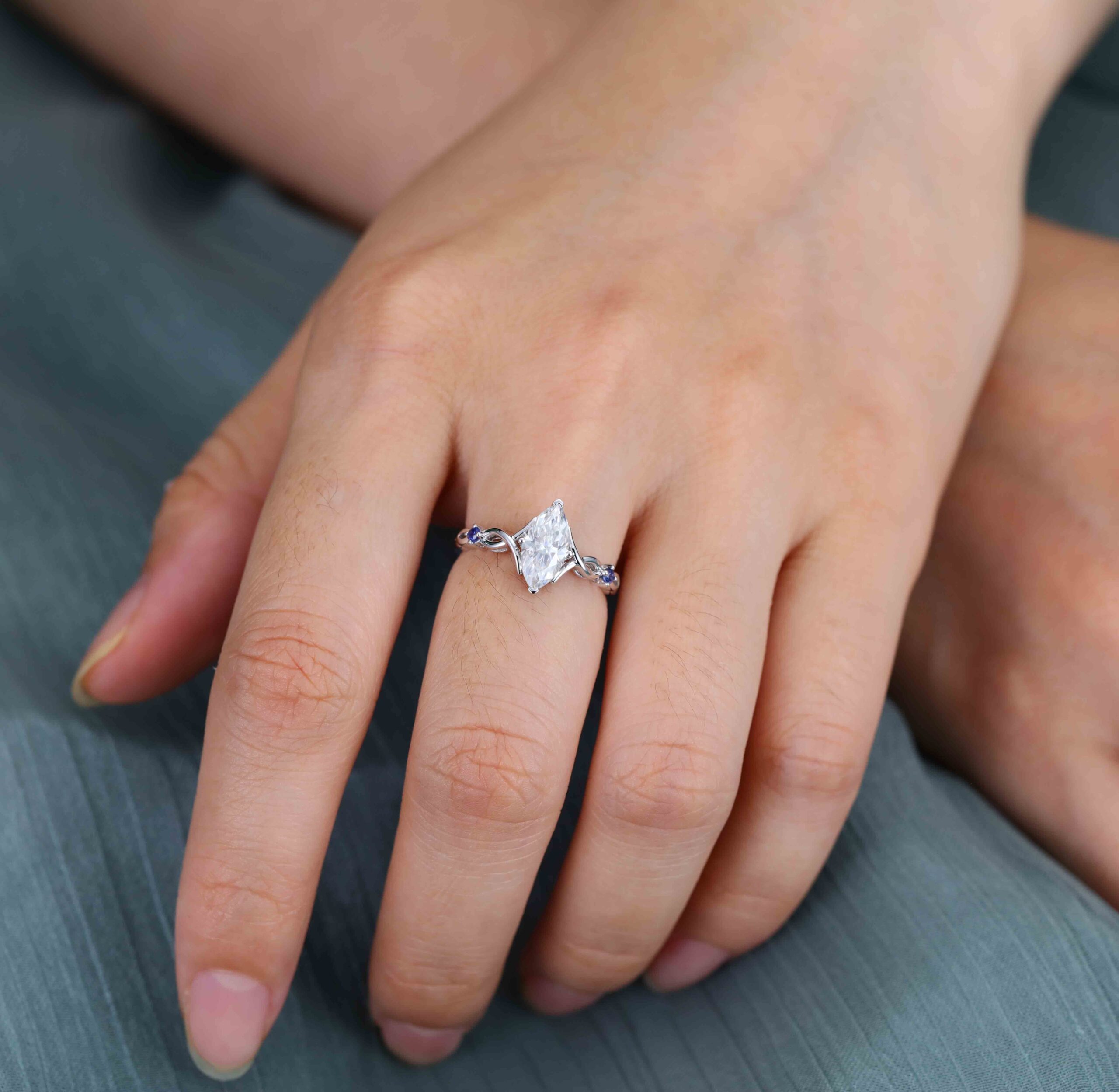 Vintage Marquise moissanite engagement ring art deco Sapphire engagement ring unique White gold engagement ring Bridal Promise Anniversary