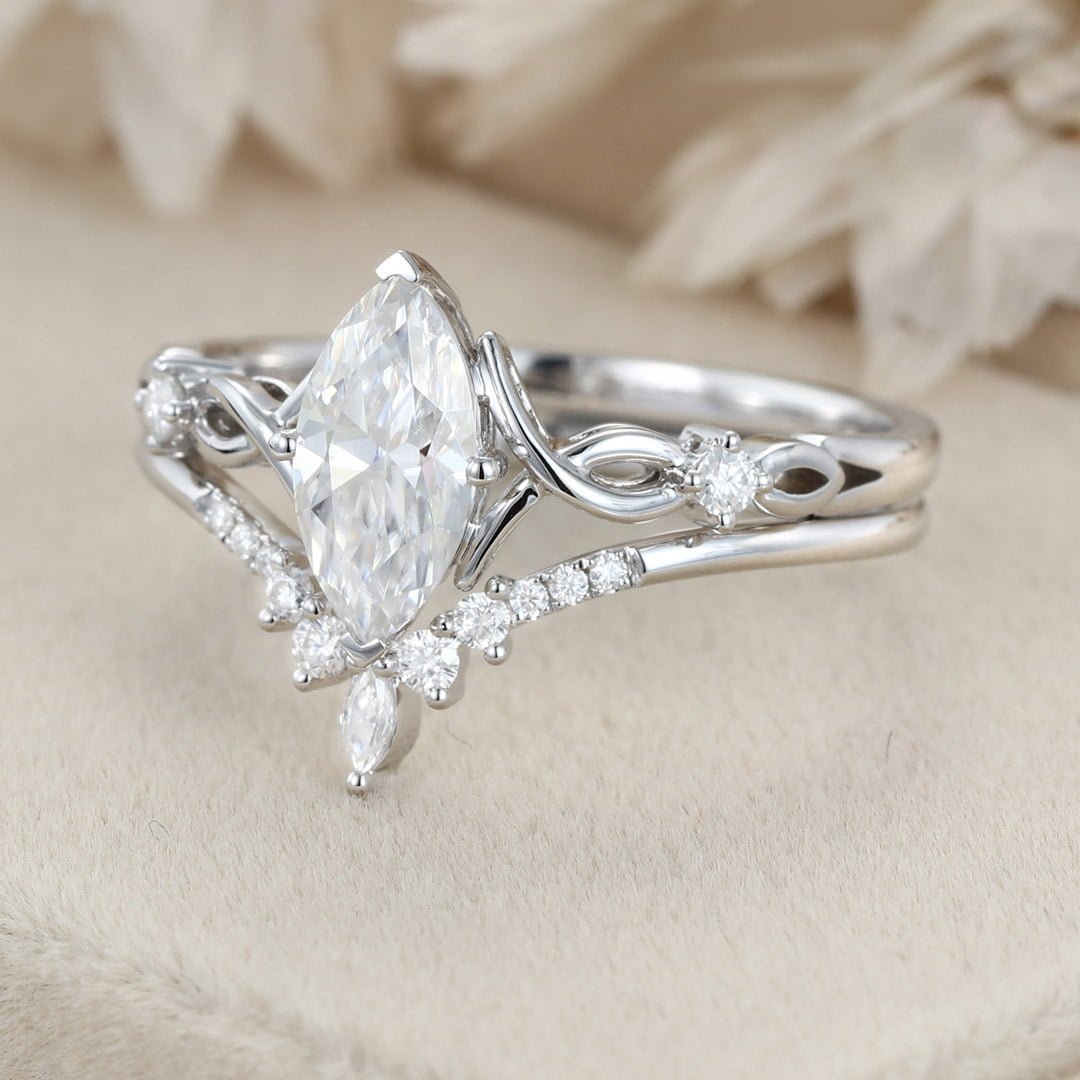 Vintage Marquise moissanite engagement ring set Unique art deco diamond engagement ring White gold engagement ring Bridal Promise Anniversary