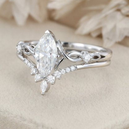 Vintage Marquise moissanite engagement ring set Unique art deco diamond engagement ring White gold engagement ring Bridal Promise Anniversary