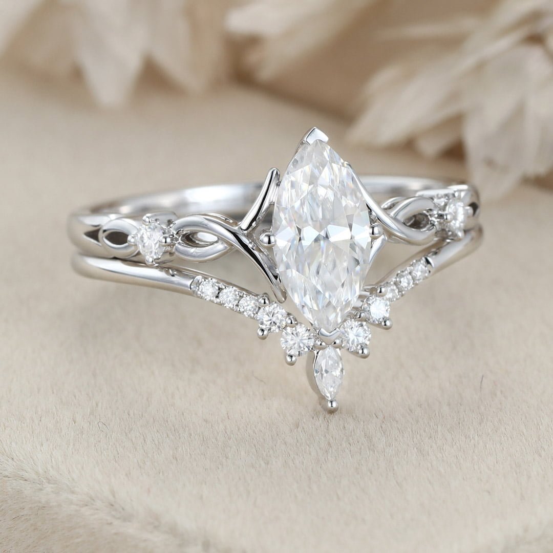 Vintage Marquise moissanite engagement ring set Unique art deco diamond engagement ring White gold engagement ring Bridal Promise Anniversary