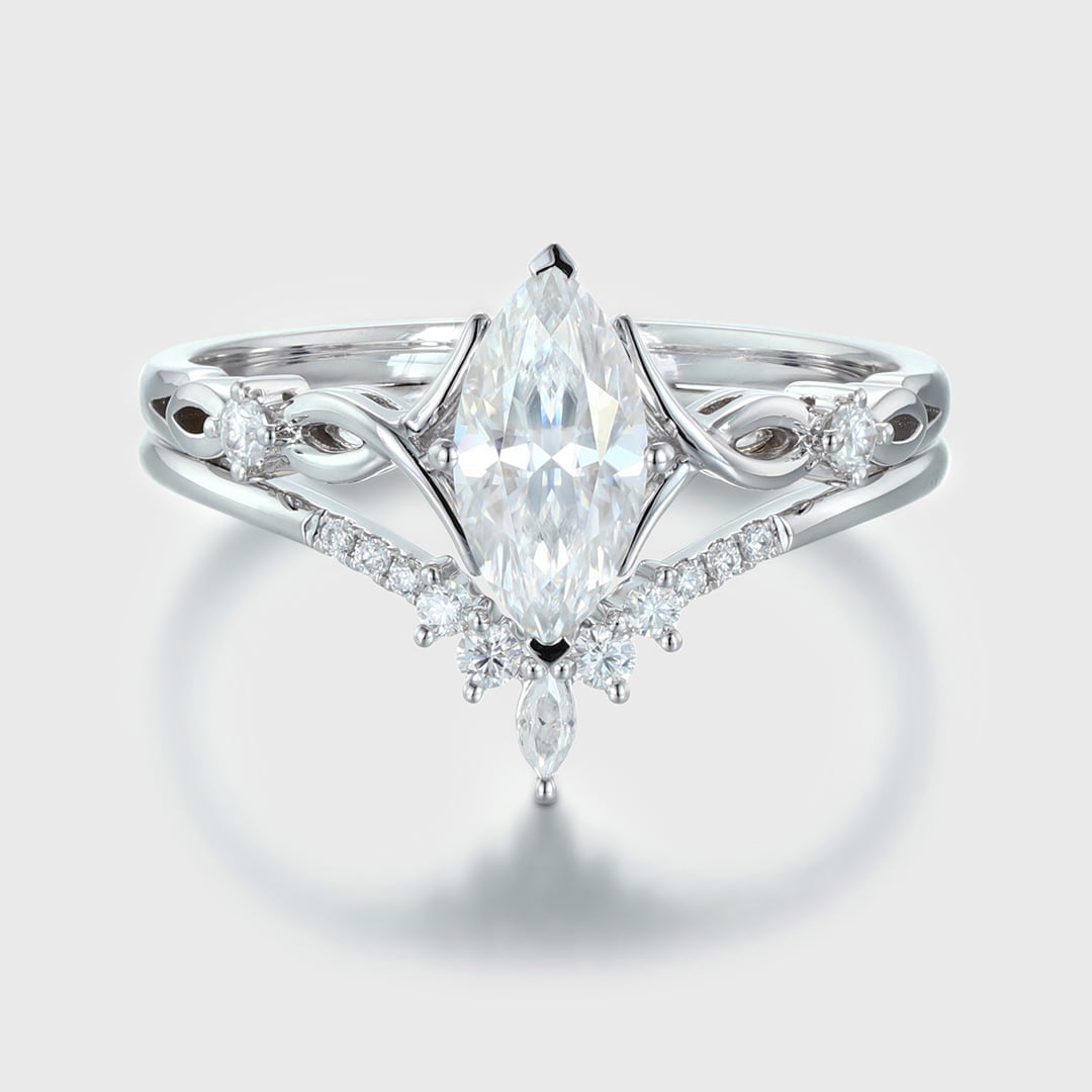 Vintage Marquise moissanite engagement ring set Unique art deco diamond engagement ring White gold engagement ring Bridal Promise Anniversary