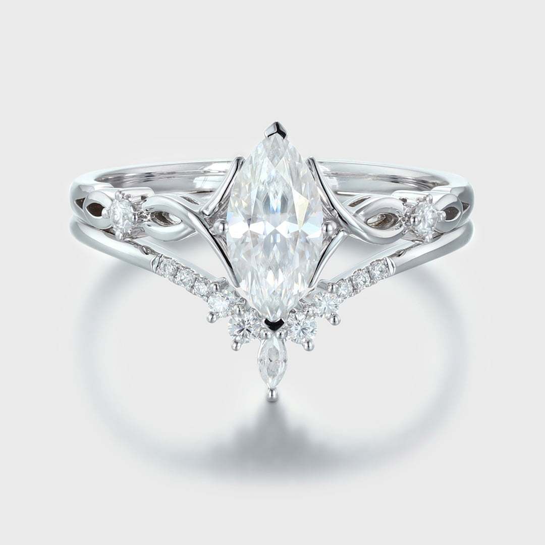Vintage Marquise moissanite engagement ring set Unique art deco diamond engagement ring White gold engagement ring Bridal Promise Anniversary