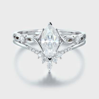 Vintage Marquise moissanite engagement ring set Unique art deco diamond engagement ring White gold engagement ring Bridal Promise Anniversary