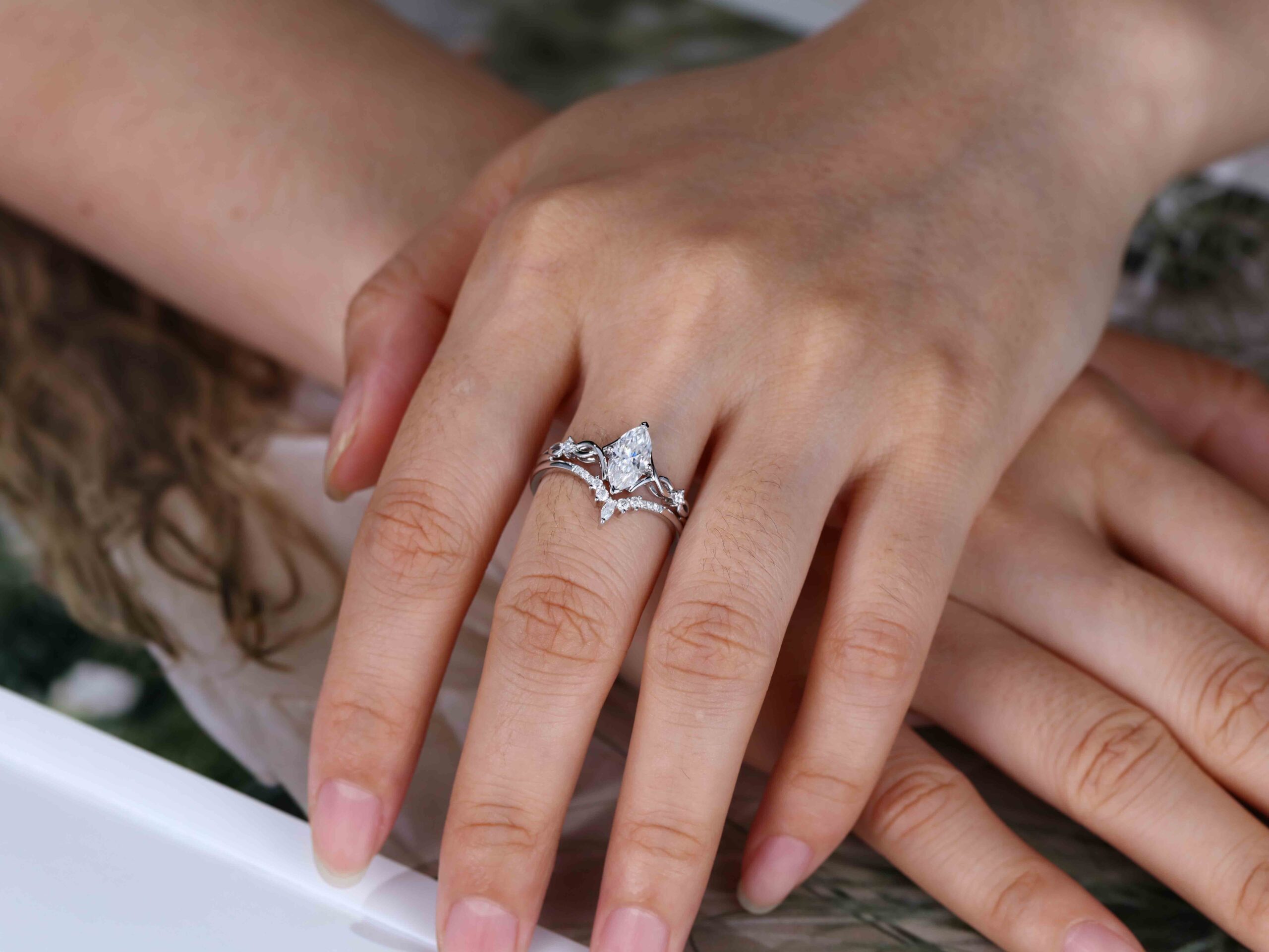 Vintage Marquise moissanite engagement ring set Unique art deco diamond engagement ring White gold engagement ring Bridal Promise Anniversary
