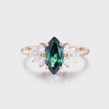 Vintage Moissanite Wedding Ring Marquise Cut Lab Green Blue Sapphire Engagement ring Handmade 14k Rose Gold Ring Dainty Bridal gift Ring