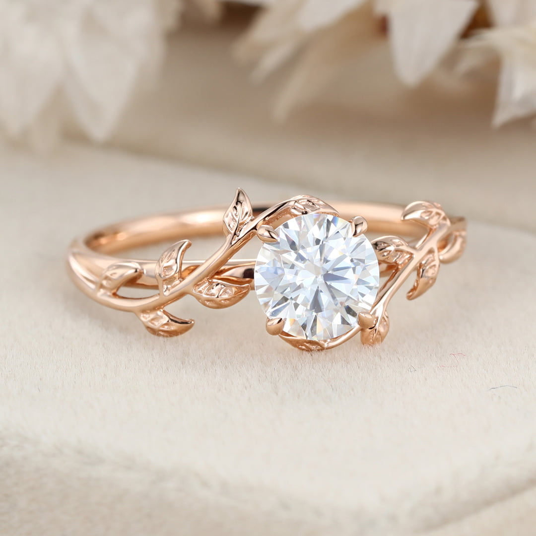 Vintage Moissanite engagement ring leaf flower ring Moissanite ring rose gold ring art deco promise ring prong set unique anniversary ring