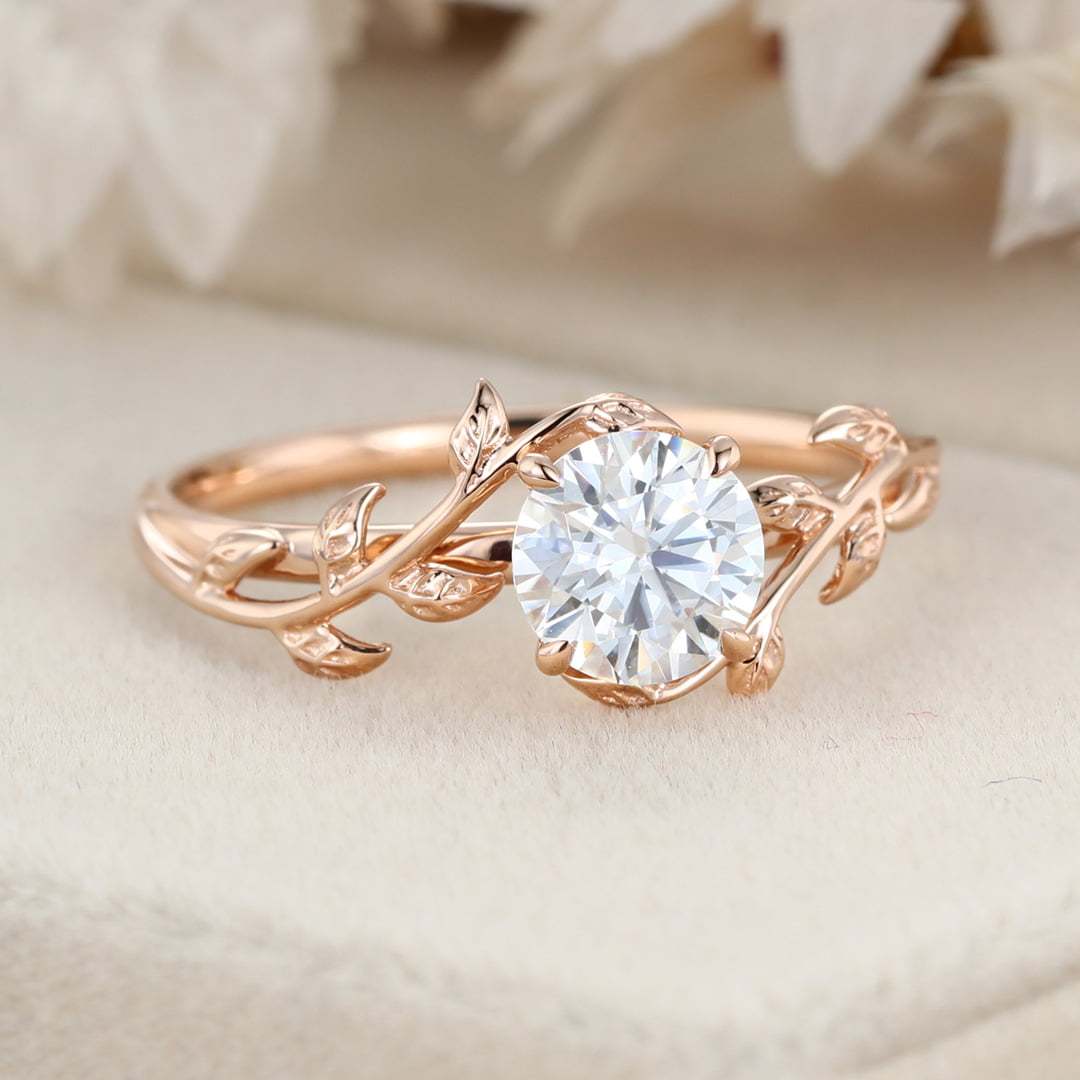 Vintage Moissanite engagement ring leaf flower ring Moissanite ring rose gold ring art deco promise ring prong set unique anniversary ring