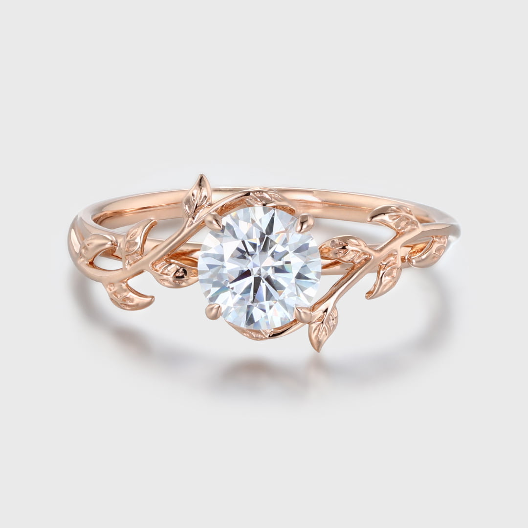 Vintage Moissanite engagement ring leaf flower ring Moissanite ring rose gold ring art deco promise ring prong set unique anniversary ring