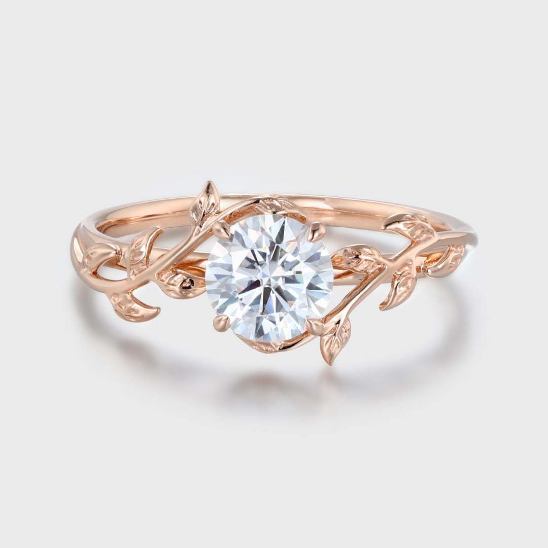 Vintage Moissanite engagement ring leaf flower ring Moissanite ring rose gold ring art deco promise ring prong set unique anniversary ring