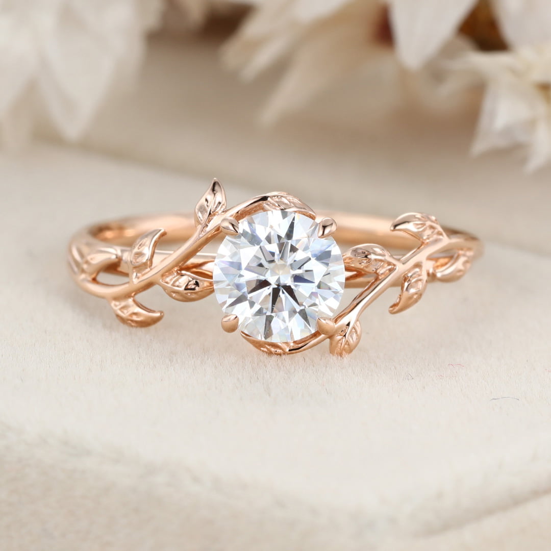 Vintage Moissanite engagement ring leaf flower ring Moissanite ring rose gold ring art deco promise ring prong set unique anniversary ring