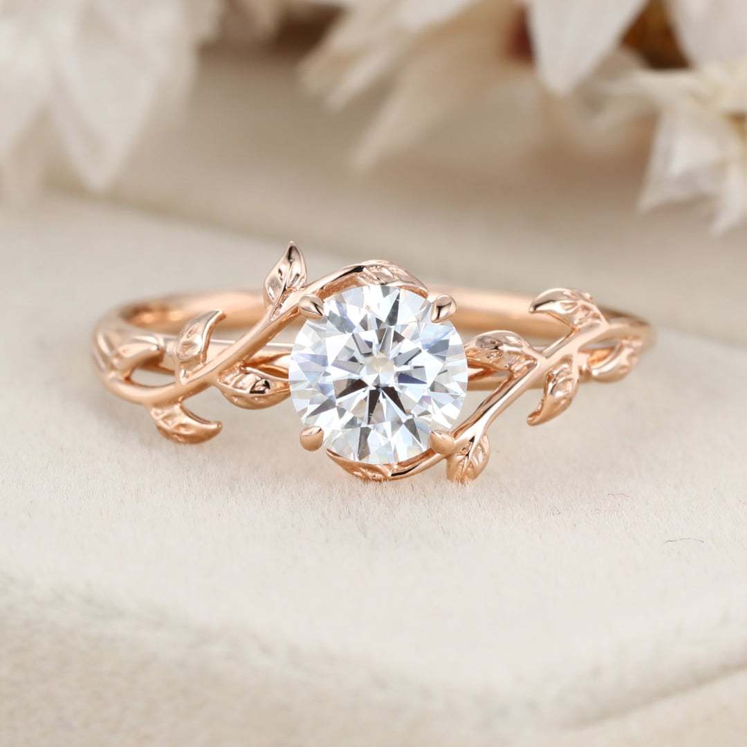 Vintage Moissanite engagement ring leaf flower ring Moissanite ring rose gold ring art deco promise ring prong set unique anniversary ring