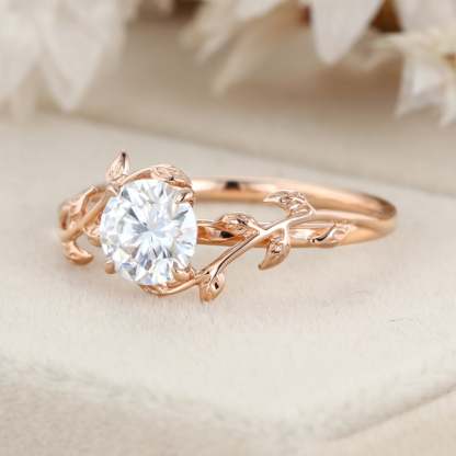 Vintage Moissanite engagement ring leaf flower ring Moissanite ring rose gold ring art deco promise ring prong set unique anniversary ring