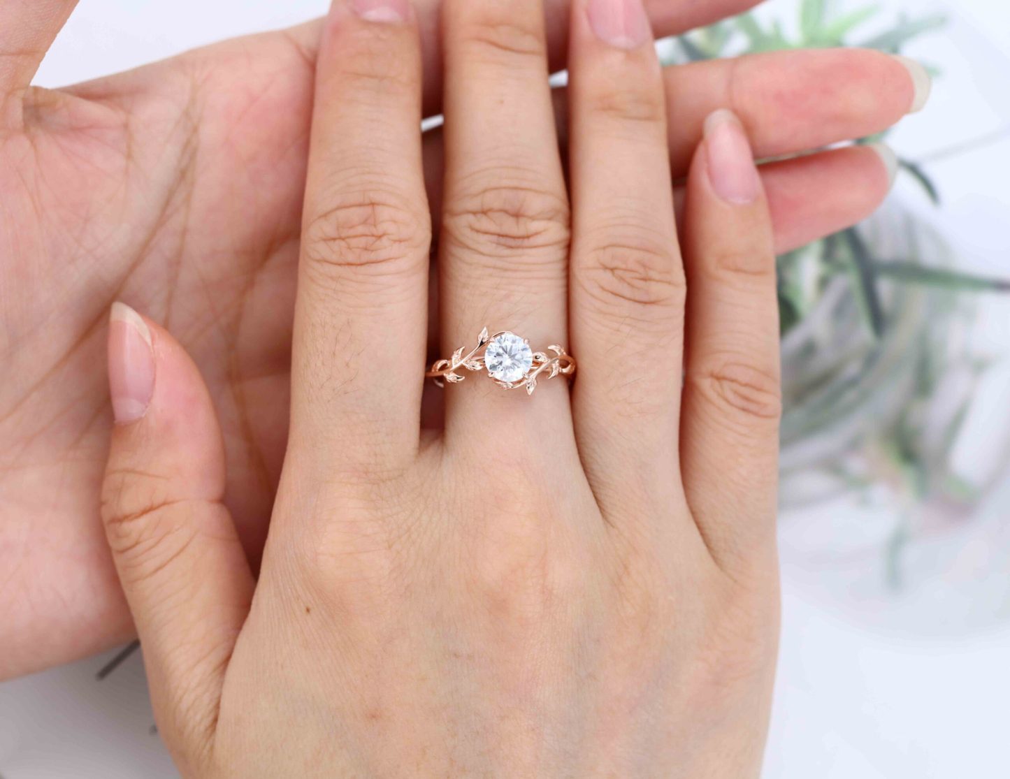 Vintage Moissanite engagement ring leaf flower ring Moissanite ring rose gold ring art deco promise ring prong set unique anniversary ring