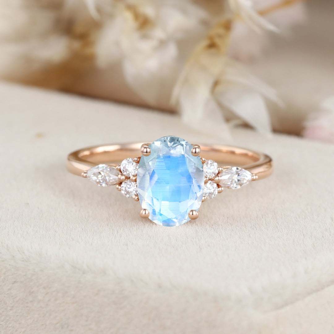 Vintage Moonstone engagement ring Unique Oval shaped Rose gold engagement ring women Marquise cluster ring Bridal promise Anniversary gift
