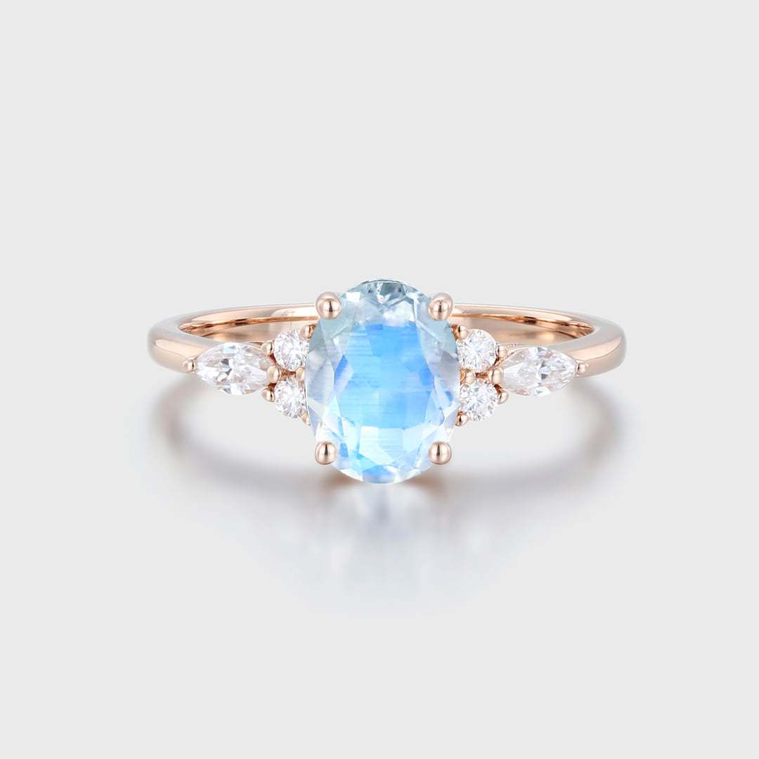Vintage Moonstone engagement ring Unique Oval shaped Rose gold engagement ring women Marquise cluster ring Bridal promise Anniversary gift