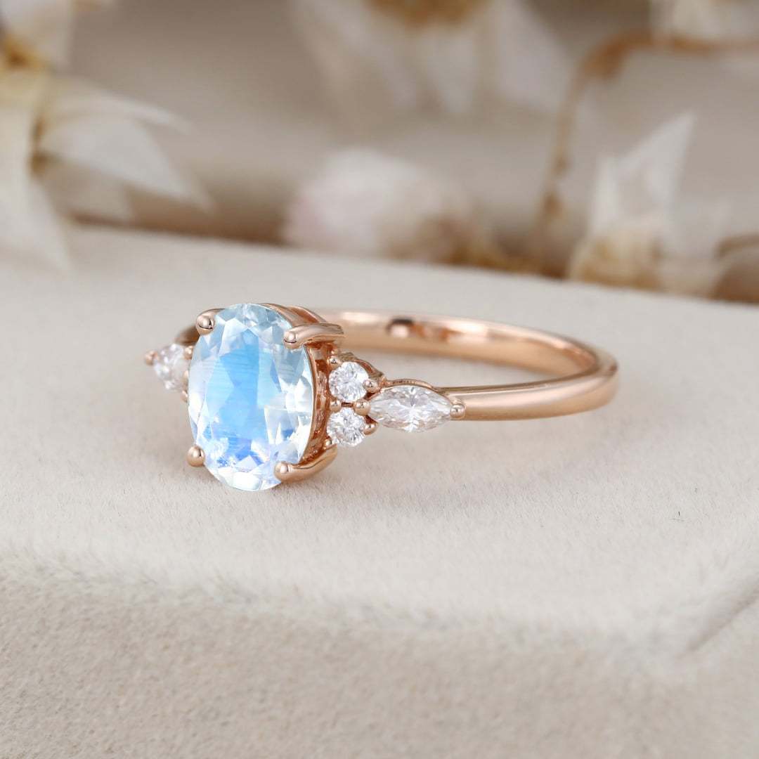 Vintage Moonstone engagement ring Unique Oval shaped Rose gold engagement ring women Marquise cluster ring Bridal promise Anniversary gift