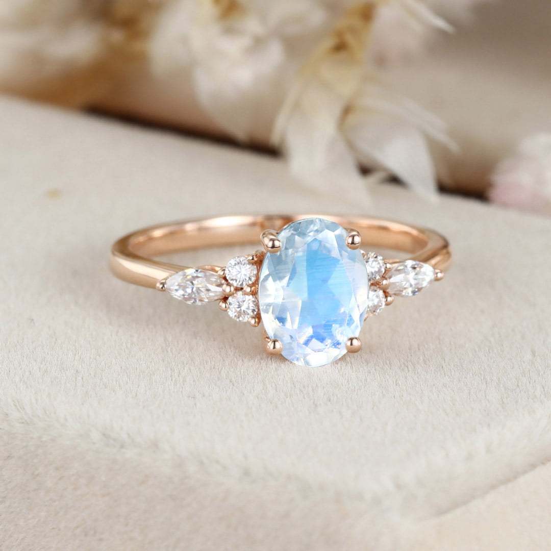 Vintage Moonstone engagement ring Unique Oval shaped Rose gold engagement ring women Marquise cluster ring Bridal promise Anniversary gift
