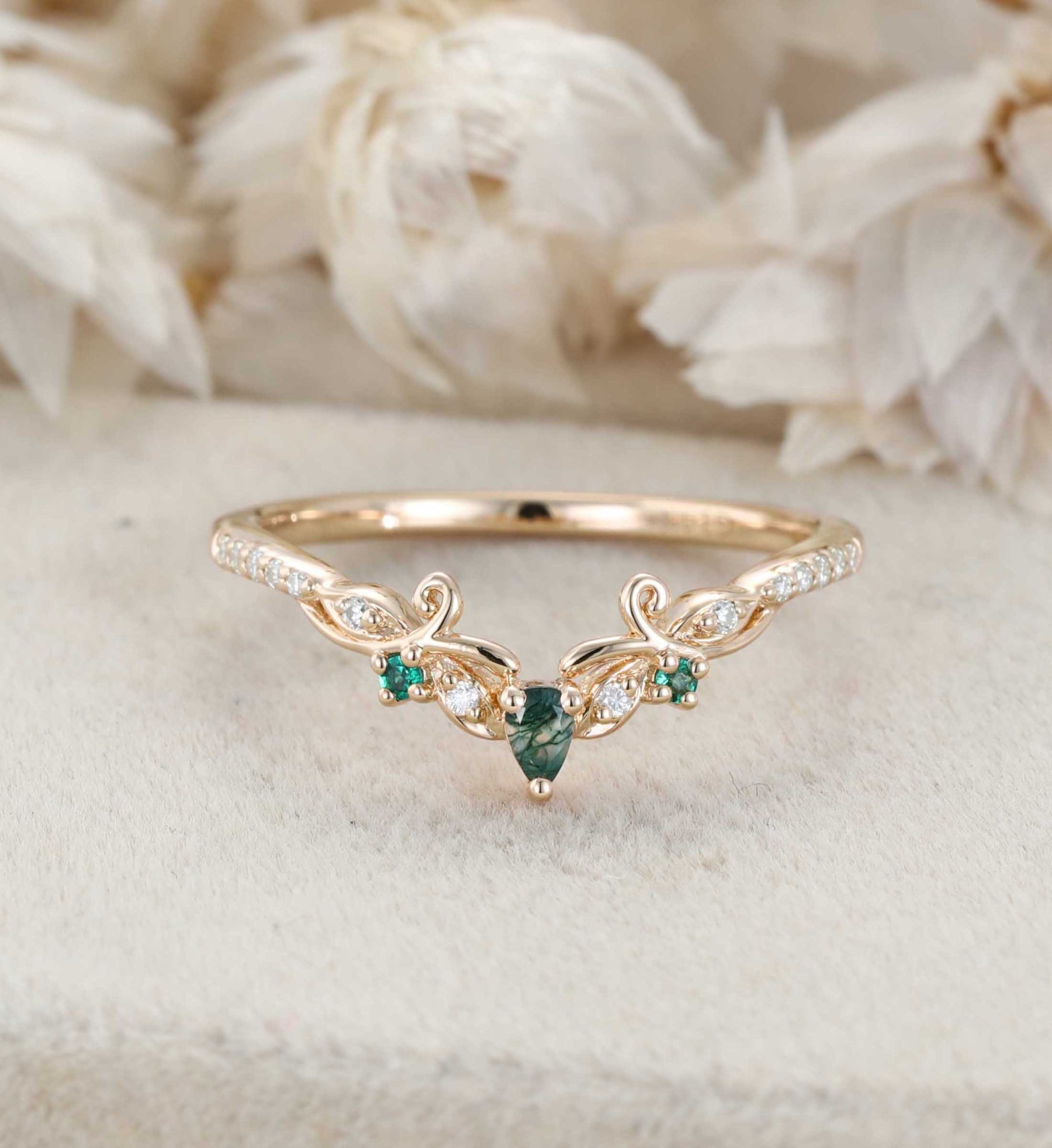 Vintage Moss Agate Wedding Band Rose Gold Unique Natural Inspired Ring Curved Stacking Wedding Band Diamond Matching Rings