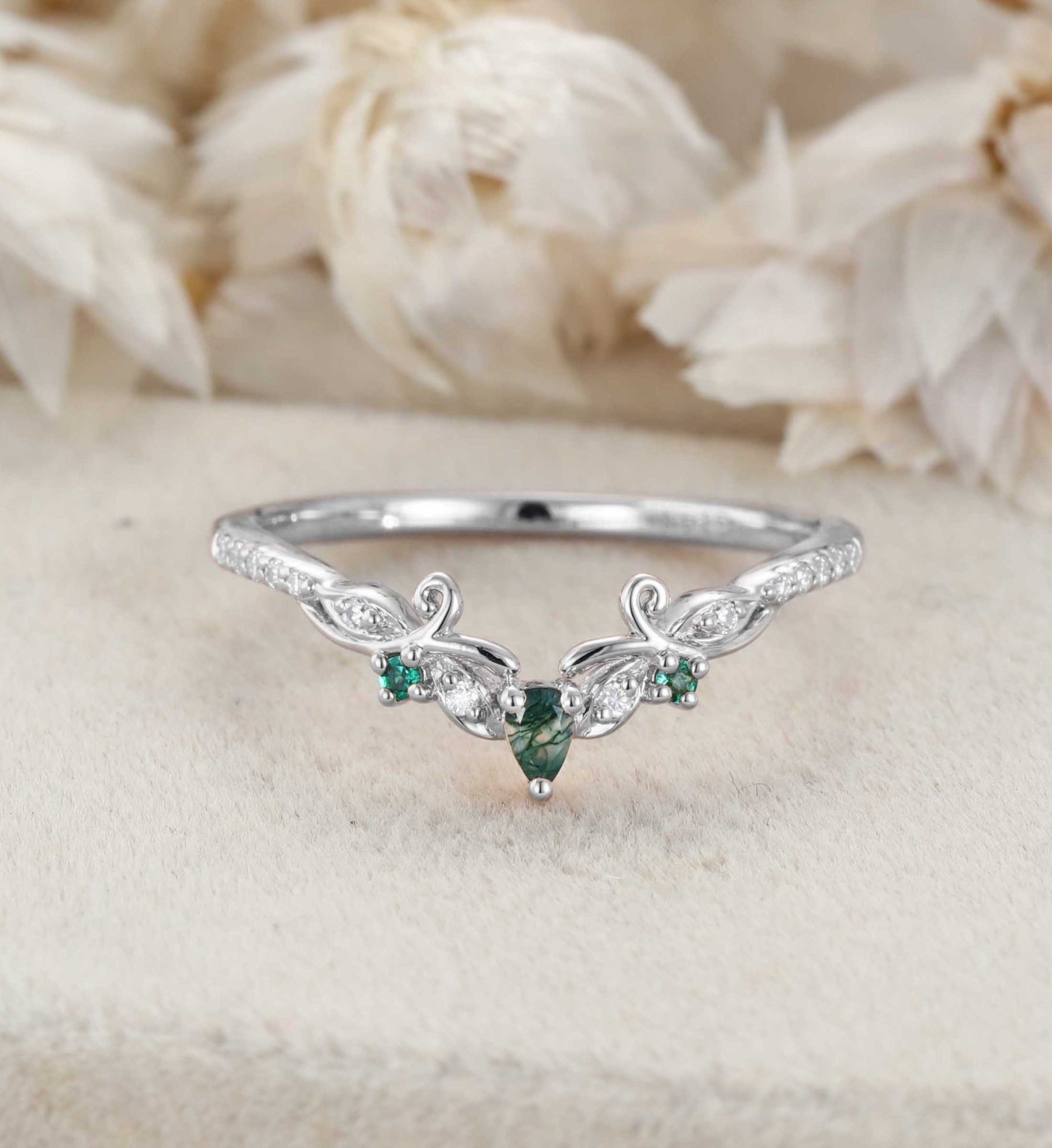 Vintage Moss Agate Wedding Band Rose Gold Unique Natural Inspired Ring Curved Stacking Wedding Band Diamond Matching Rings