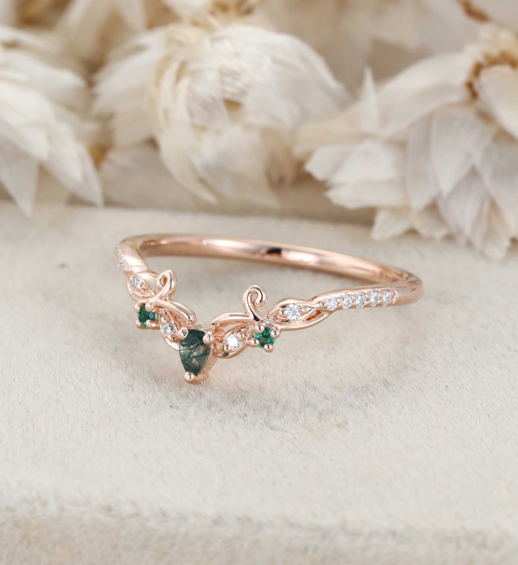 Vintage Moss Agate Wedding Band Rose Gold Unique Natural Inspired Ring Curved Stacking Wedding Band Diamond Matching Rings
