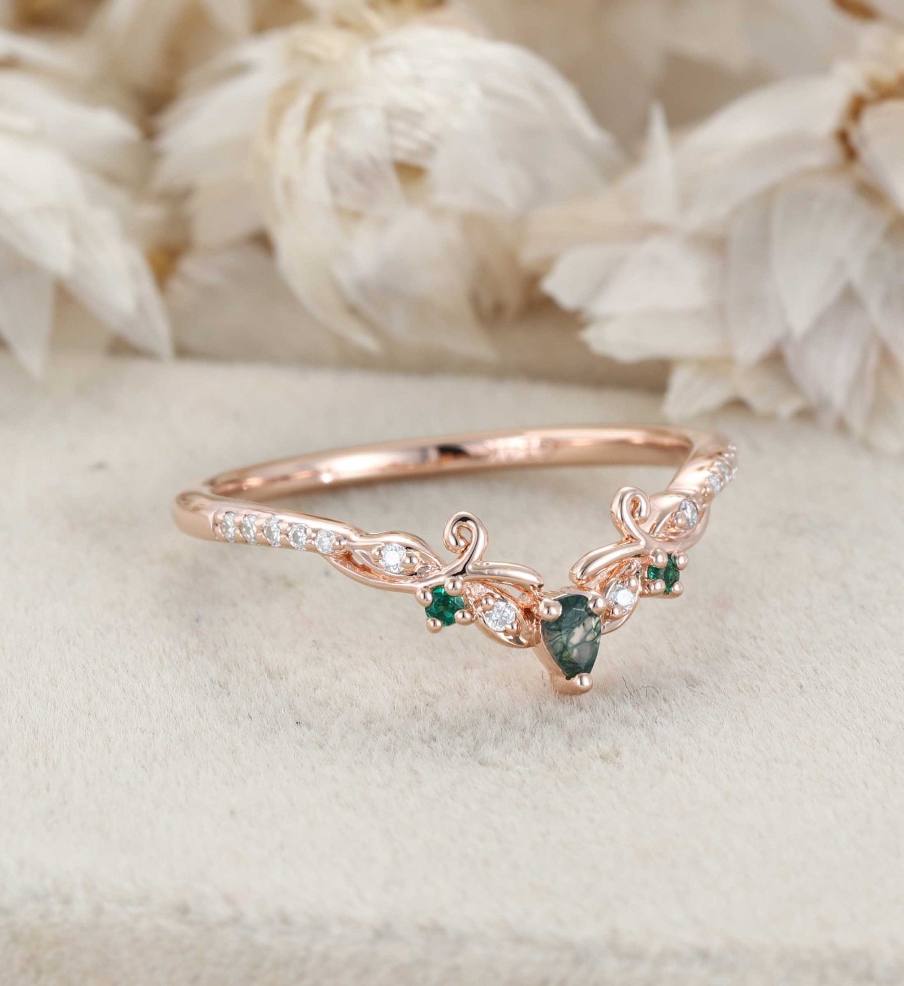 Vintage Moss Agate Wedding Band Rose Gold Unique Natural Inspired Ring Curved Stacking Wedding Band Diamond Matching Rings