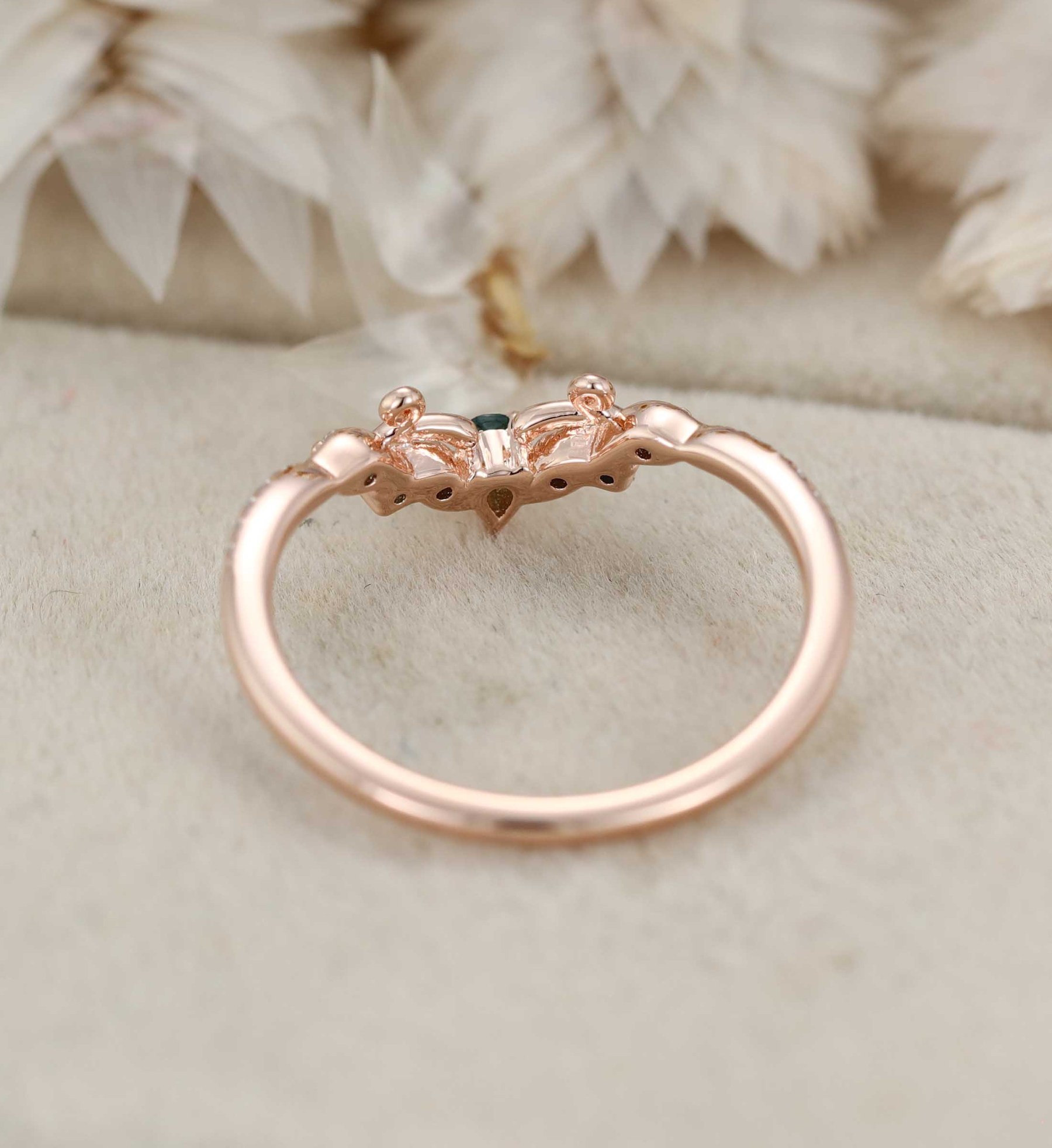 Vintage Moss Agate Wedding Band Rose Gold Unique Natural Inspired Ring Curved Stacking Wedding Band Diamond Matching Rings