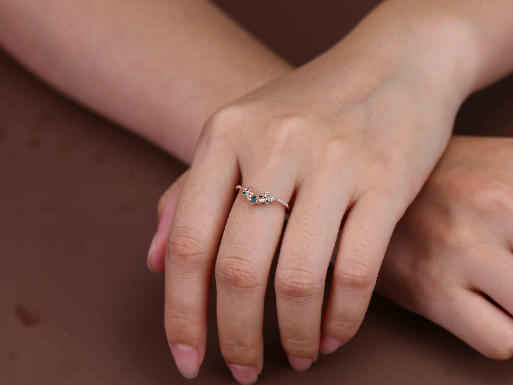 Vintage Moss Agate Wedding Band Rose Gold Unique Natural Inspired Ring Curved Stacking Wedding Band Diamond Matching Rings