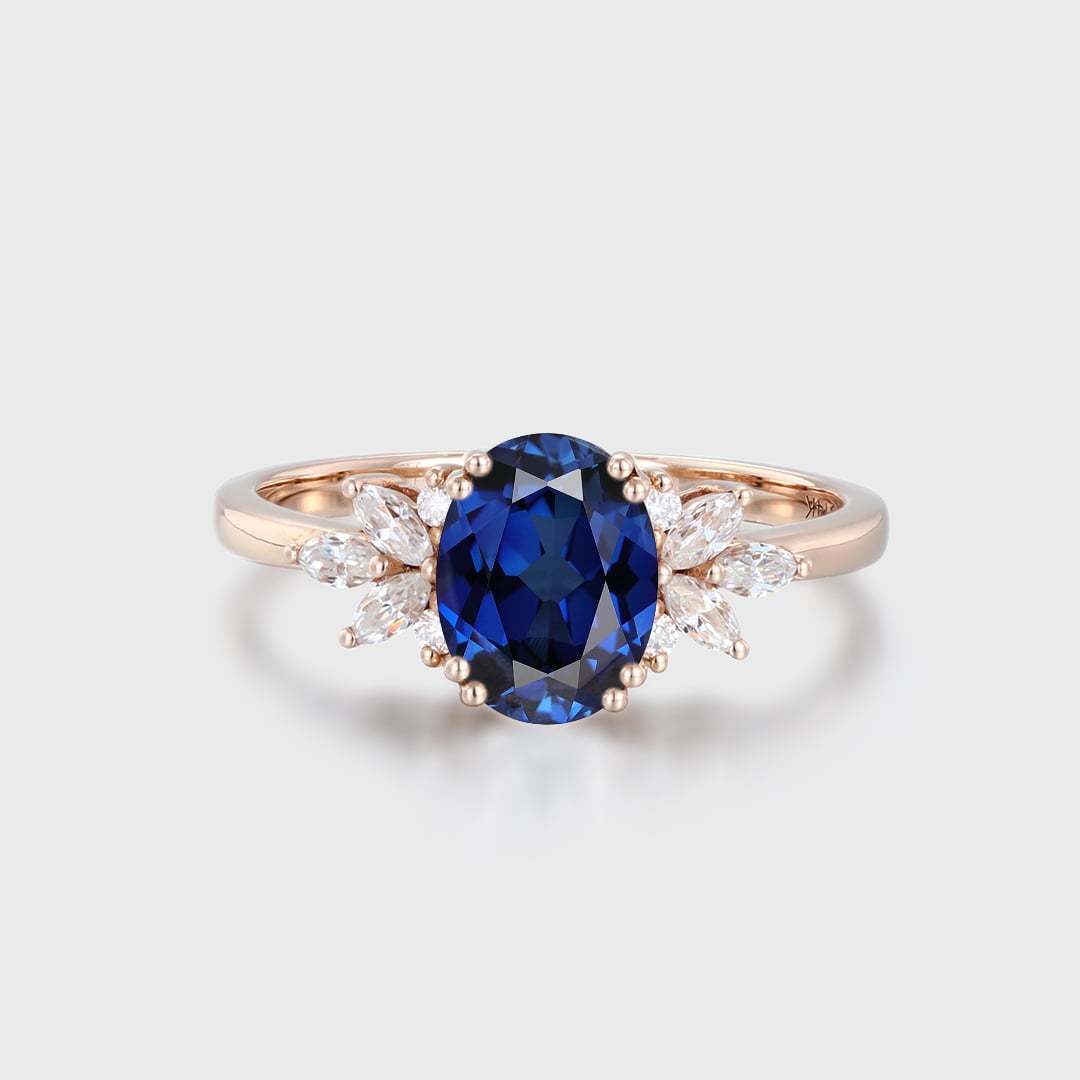 Vintage 8x6mm Oval Cut Blue Sapphire Engagement Ring 14k Rose Gold Unique Art Deco September Birthstone Ring for Women