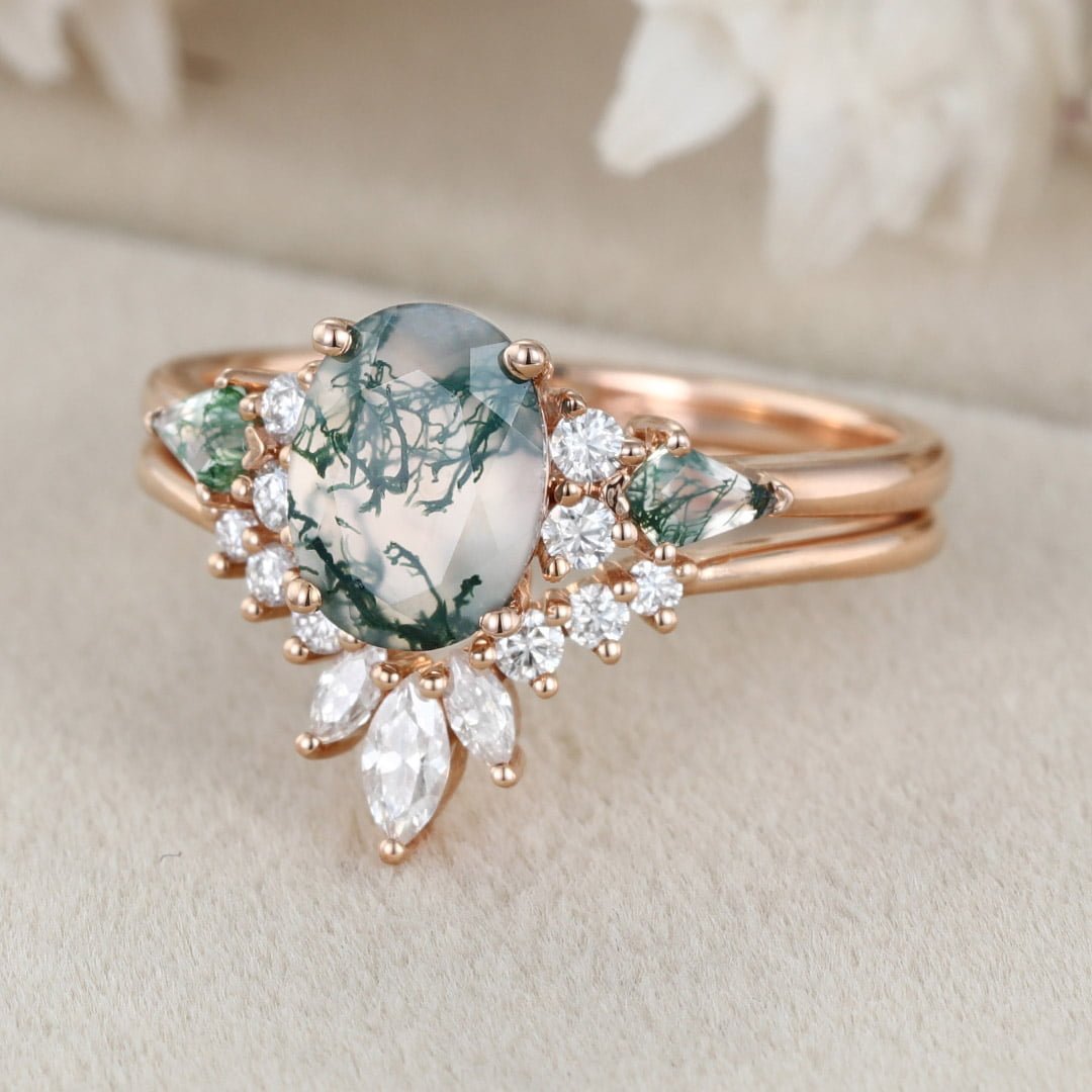 Vintage Oval Cut Moss agate engagement ring set Unique Rose gold Moissanite engagement ring marquise art deco ring Bridal set Anniversary