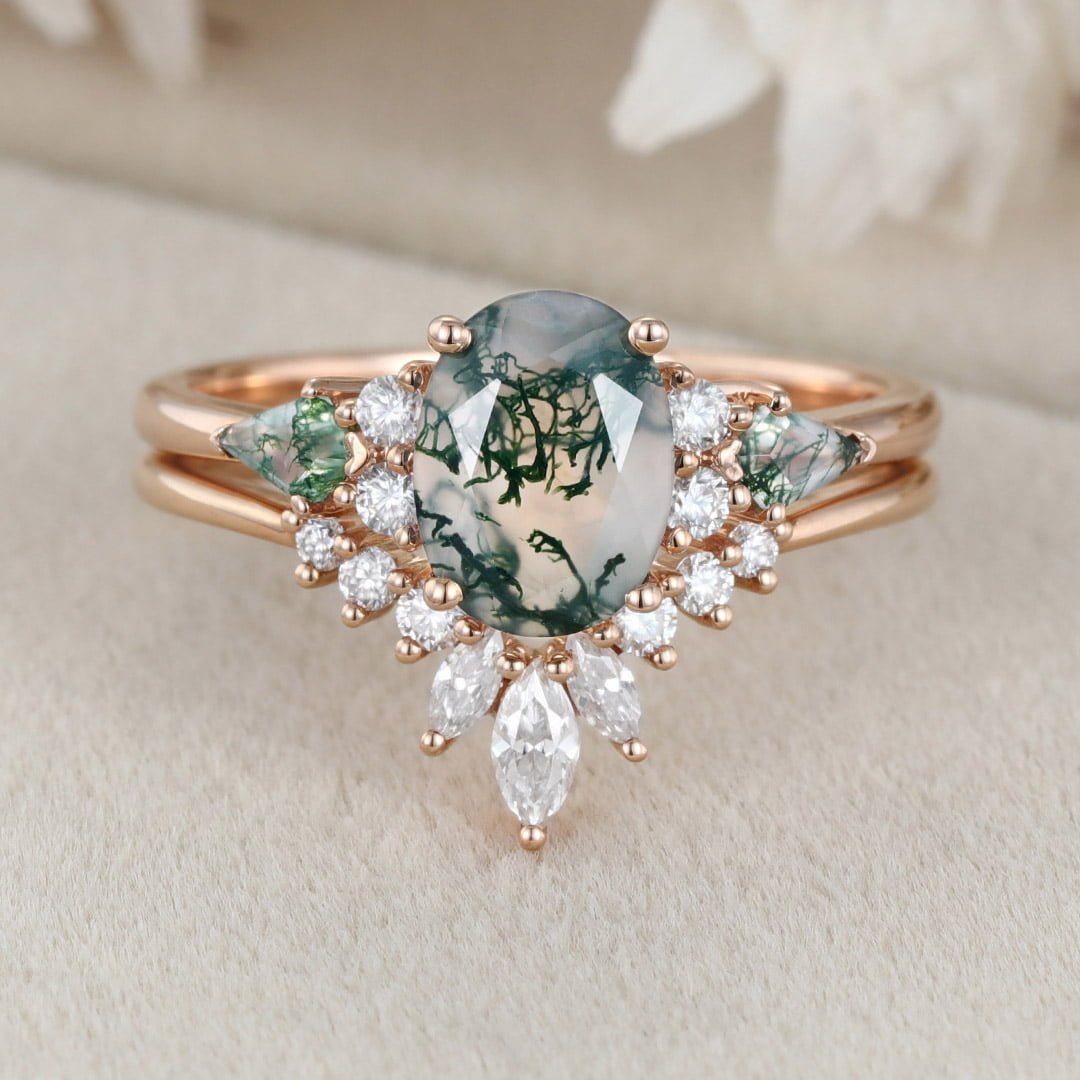 Vintage Oval Cut Moss agate engagement ring set Unique Rose gold Moissanite engagement ring marquise art deco ring Bridal set Anniversary