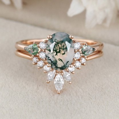 Vintage Oval Cut Moss agate engagement ring set Unique Rose gold Moissanite engagement ring marquise art deco ring Bridal set Anniversary
