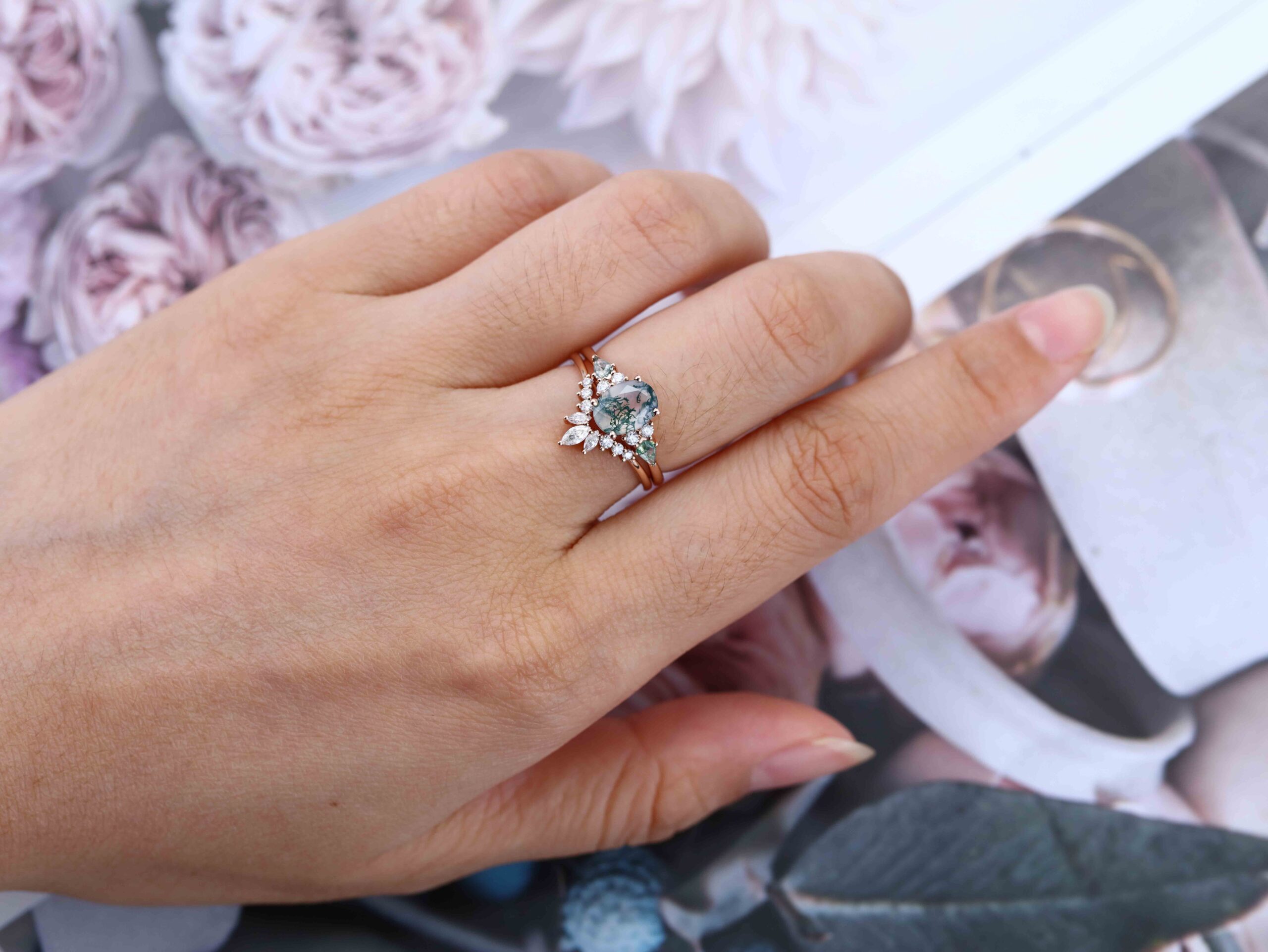 Vintage Oval Cut Moss agate engagement ring set Unique Rose gold Moissanite engagement ring marquise art deco ring Bridal set Anniversary